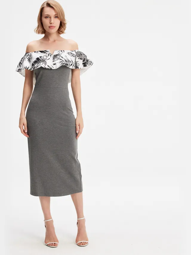 Smart & Joy Bi-materiële bodycon-jurk met off-schouder gedrukt Grijs