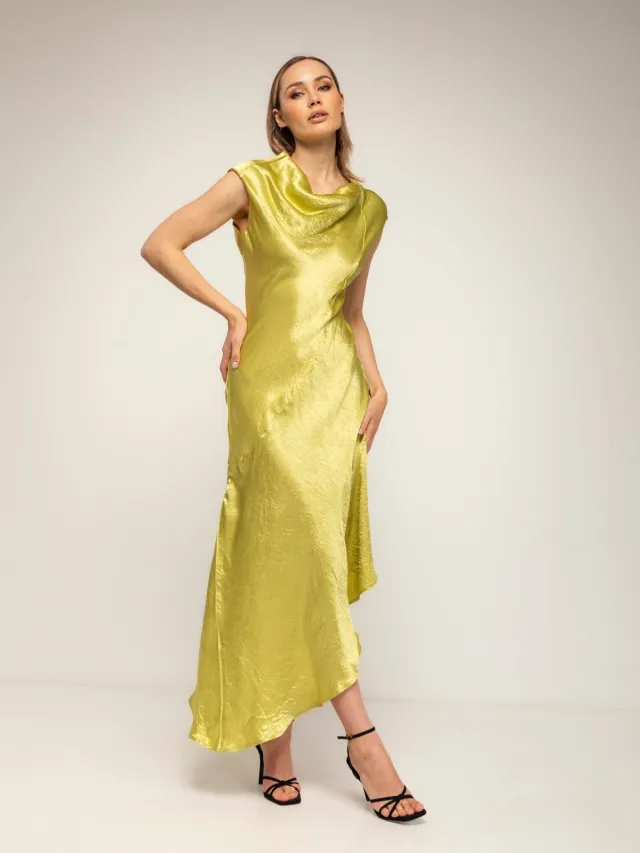 Tantra Midi-jurk met zijdetextuur, boothals en asymmetrische lengte Groen