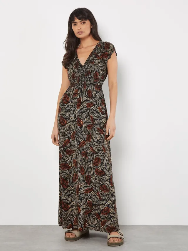 Apricot Maxi-jurk met rustieke bladprint en smockwerk