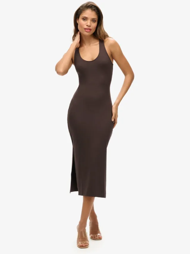 Superdry Jersey midi-jurk met laag uitgesneden ronde hals - Dames - Jurken Dark Oak Brown