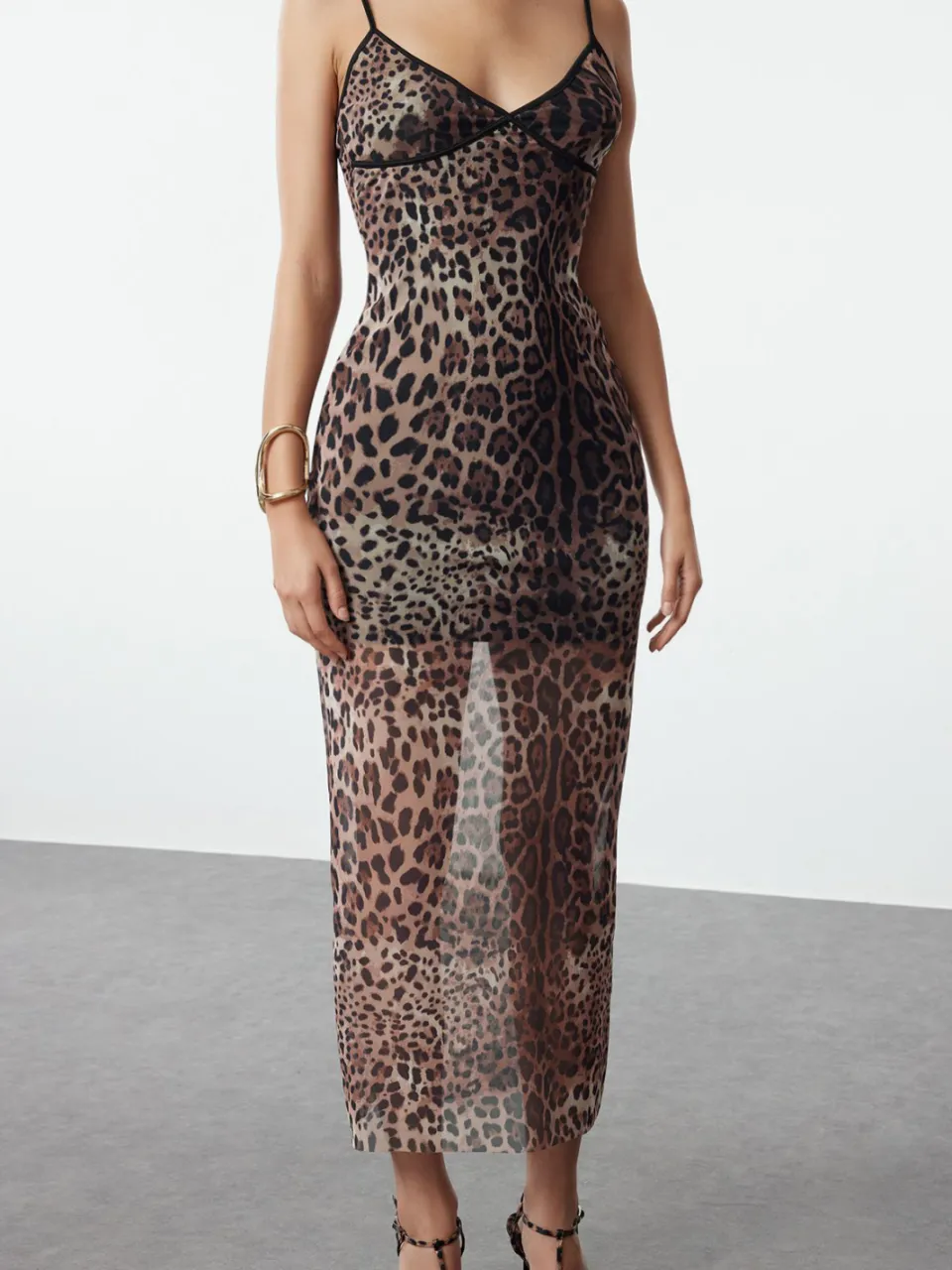 Trendyol TRENDYOLMİLLA Dames Bruin Dierenprint Maxi Mouwloos Stijlvol/Avond Bodycon Jurken, foto 2
