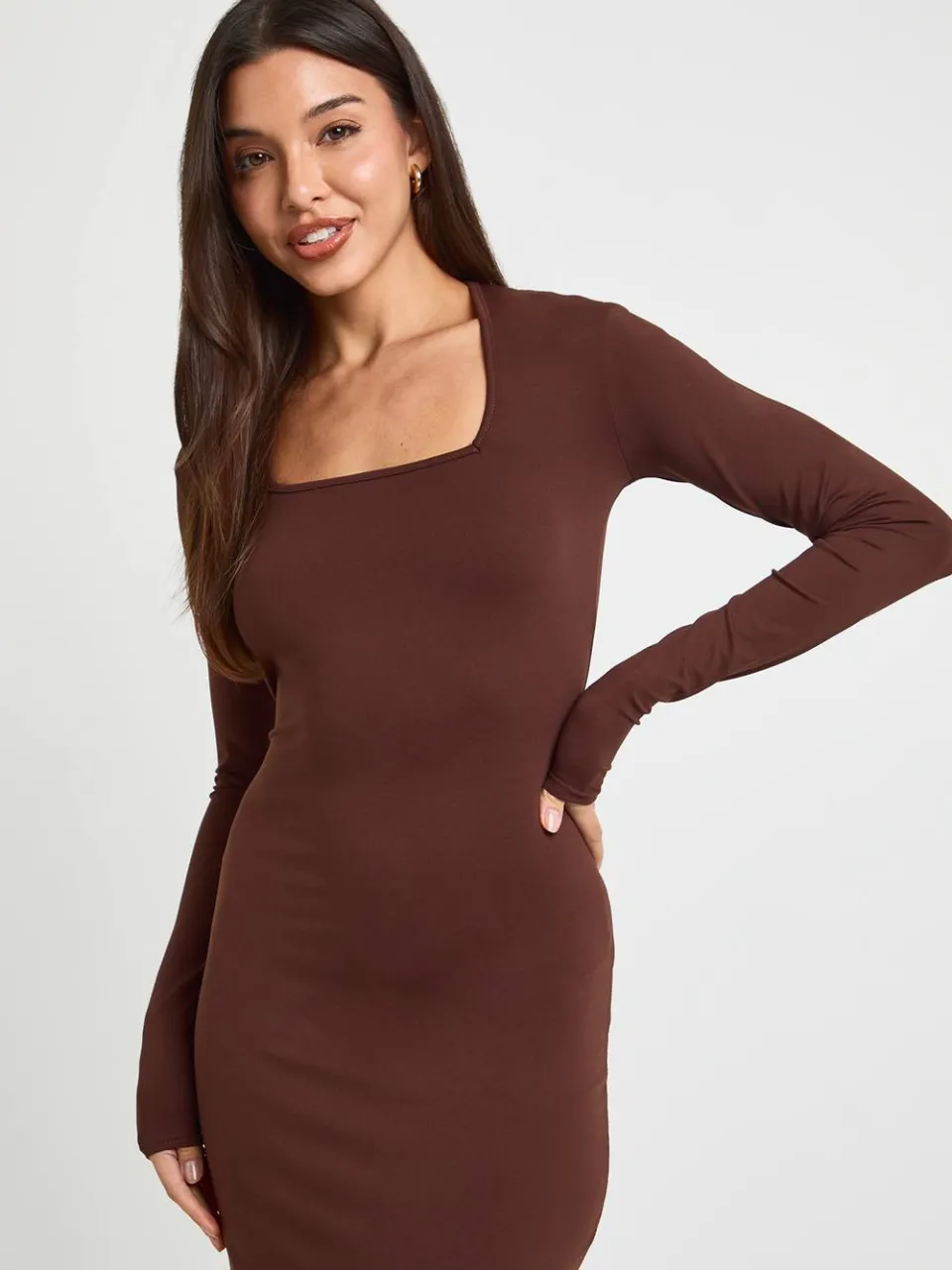 boohoo Dames Basic Supersoft Midi-jurk Met Vierkante Hals En Lange Mouwen chocoladebruin, foto 2