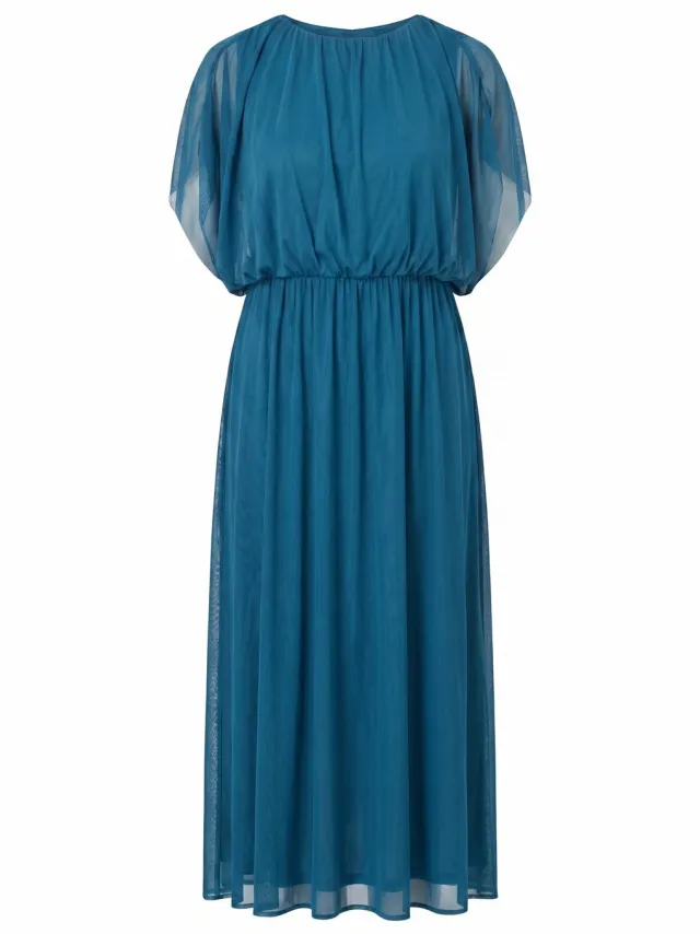 Ulla Popken Dames - Maxi-jurk ballonmodel bovenstuk ronde hals mouwloos - Petrolblauw - Maat 54+