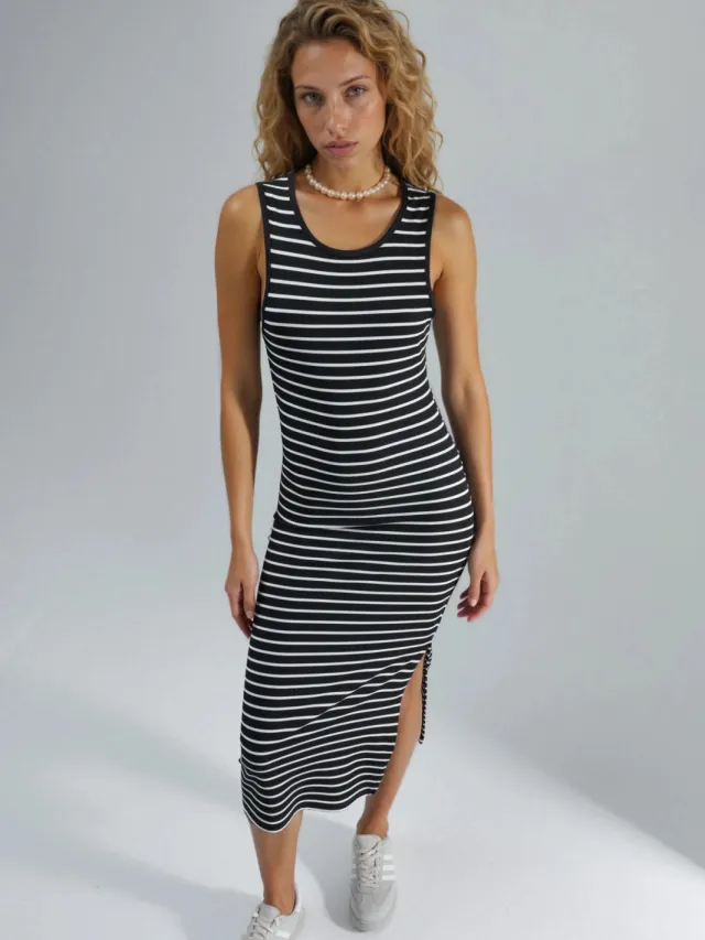 Hiccup Gestreepte U-Hals Bodycon Midi Jurk Zwart