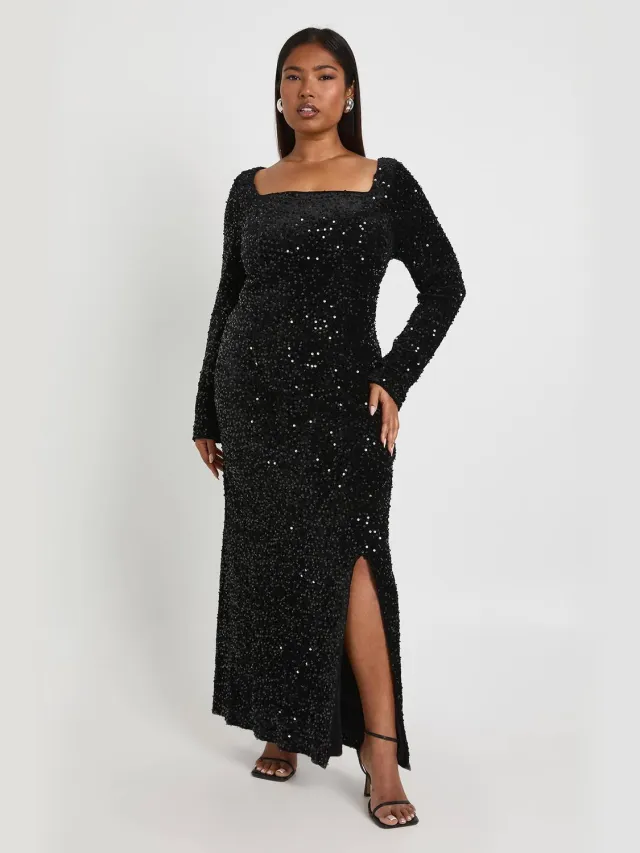 boohoo Dames Plus Jurk met vierkante hals en lange mouwen Zwart
