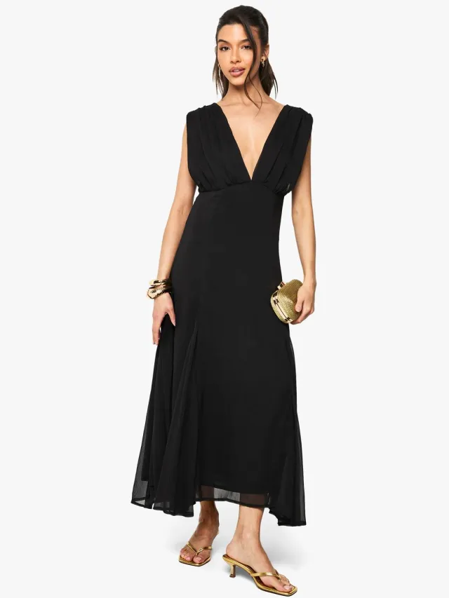 boohoo Dames Chiffon Engelmouw Splitdetail Maxi Jurk Zwart