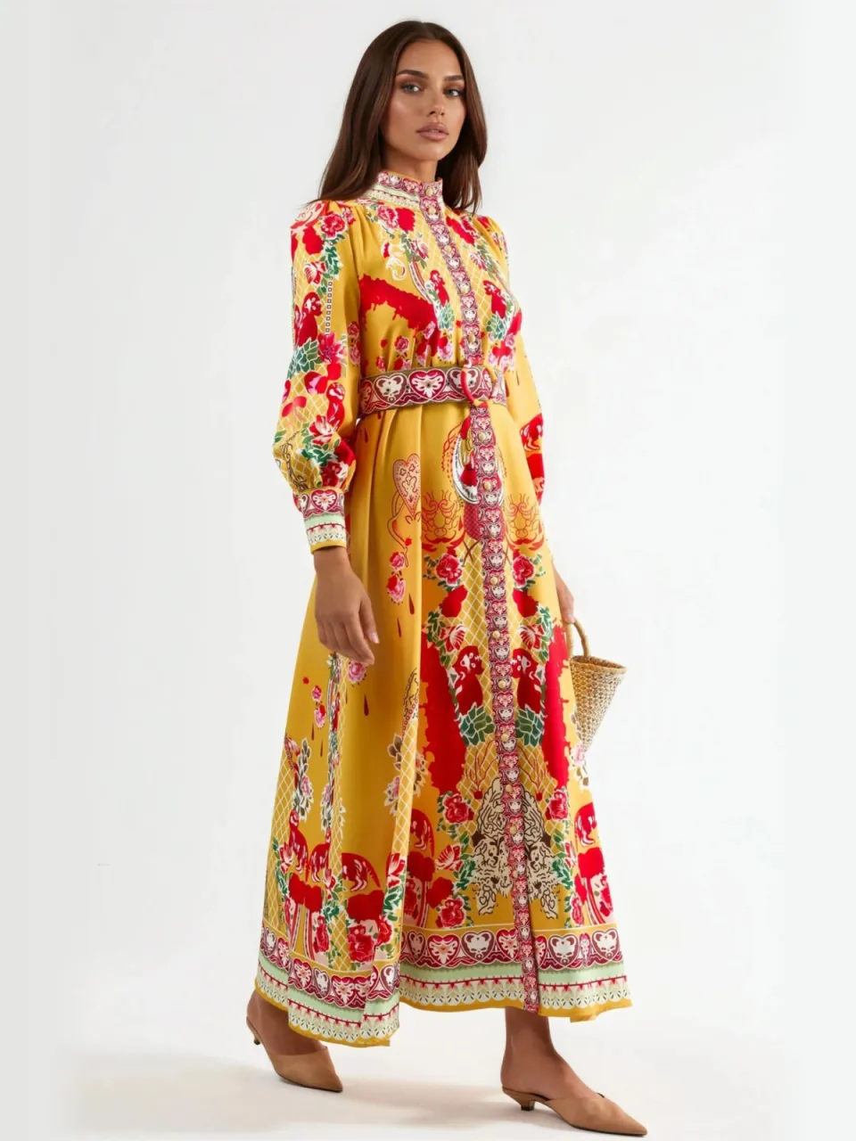MSN Collection Bloemen Maxi Jurk met Ceintuur geel, foto 2