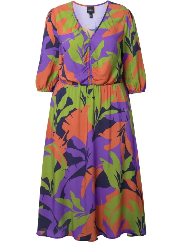 Ulla Popken Dames - Midi-jurk bladeren A-lijn V-hals 3/4-mouwen - Marine