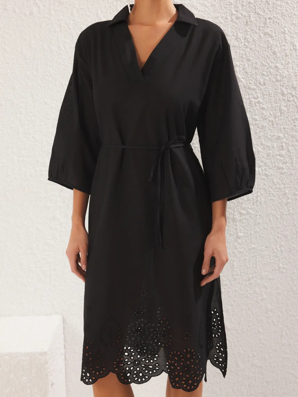 Trendyol TRENDYOLMİLLA Dames Zwart Effen Midi Driekwart mouw Strandkleding Recht Strandjurken, foto 2