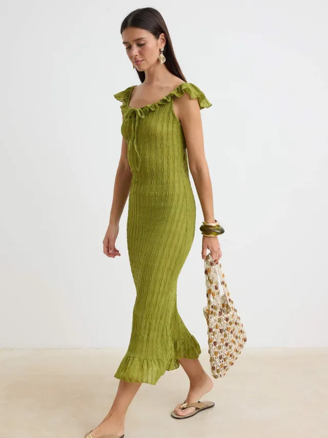 Trendyol TRENDYOLMİLLA Dames Groen Effen Maxi Kort Strandkleding Bodycon Strandjurken