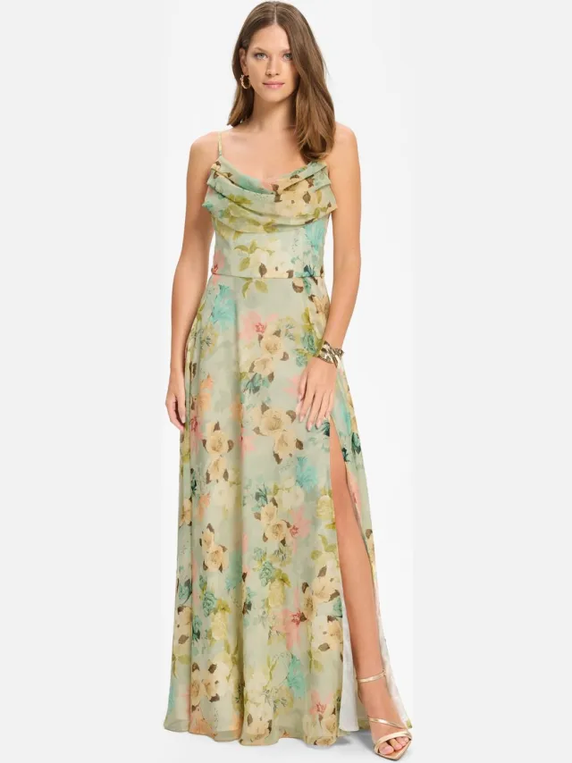 Swing Dames avondjurk - Chiffon met bloemenprint - Watervalhals - Hoge split – Lichtgroen