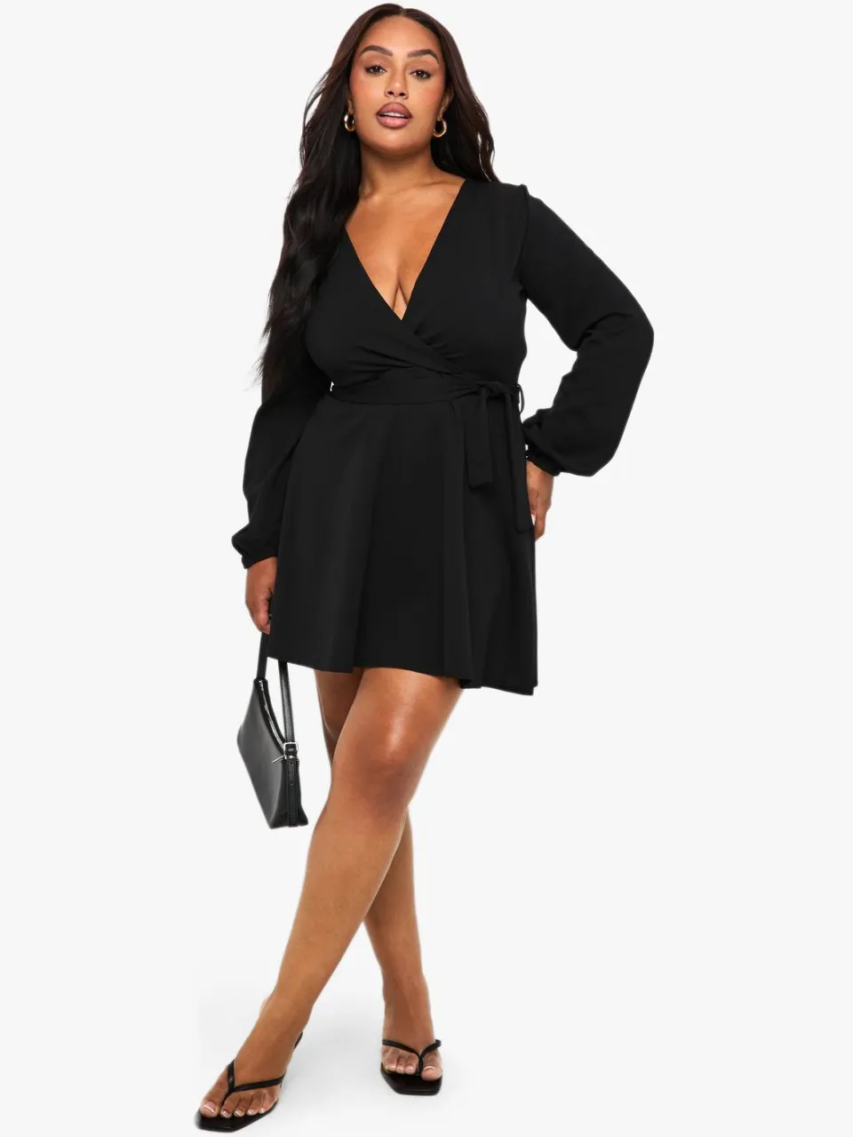 boohoo Dames Plus Wrap Tie Belt Skater Jurk zwart, foto 3