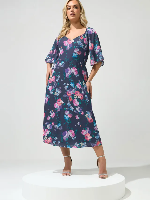 Yours London Marineblauwe Midaxijurk Met Bloemenprint Blue