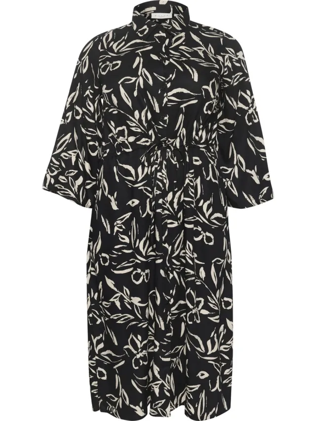 Kaffe Curve KCflora Shirt Dress Dames Jurk Black/Sand Painted Flower