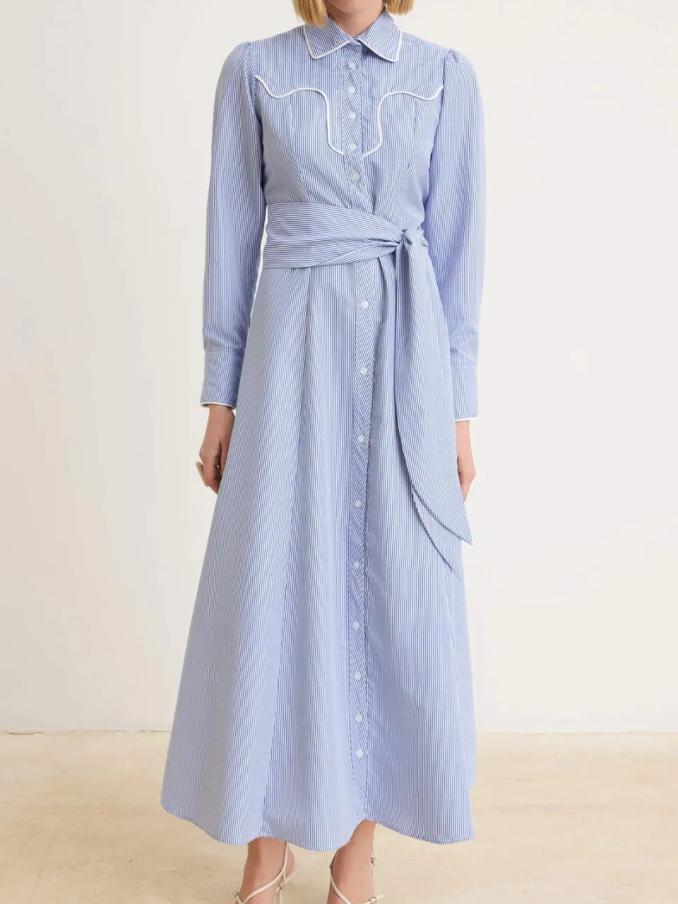 Trendyol Modest Dames Blauw Gestreept Maxi Lang Skater Modest Jurken, foto 2