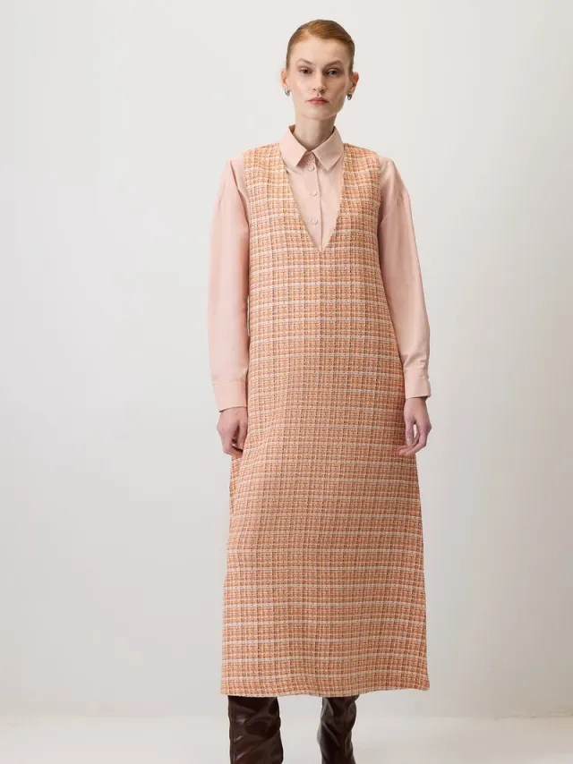TOUCHÉ PRIVÉ Geruite tweed overgooi-jurk met V-hals - Oranje - Dames