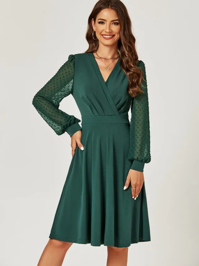 FS Collection Lange geplooide midi-jurk met chiffonmouwen in donkergroen