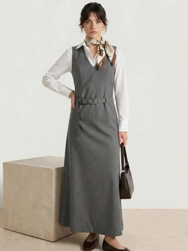 Trendyol Modest Dames Grijs Effen Maxi Mouwloos Casual Skater Modest Jurken