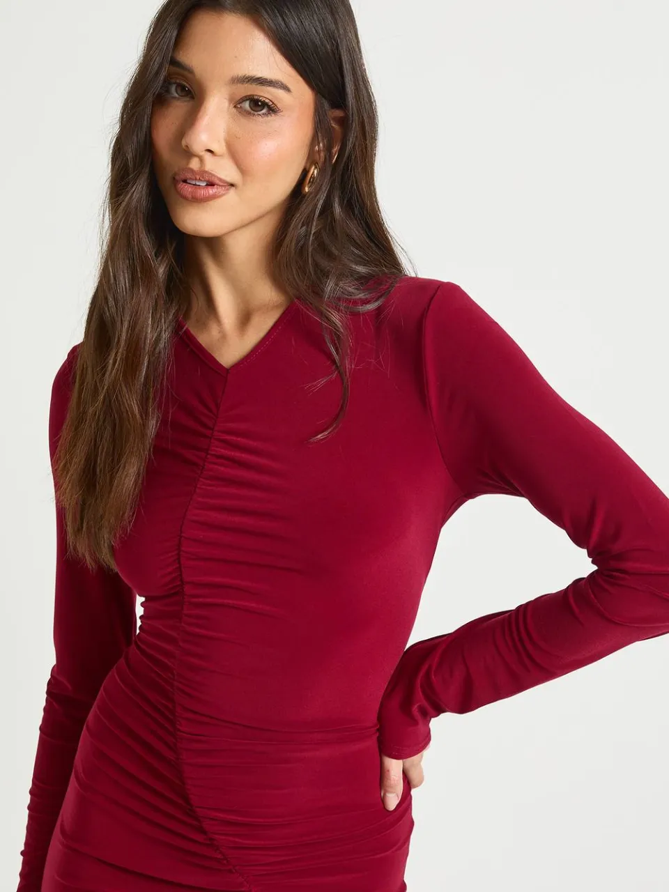 boohoo Dames Gerimpelde lange mouw midaxi-jurk wijn, foto 4