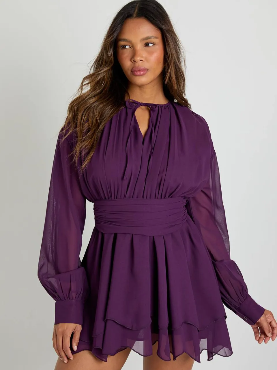 boohoo Dames Chiffon lange mouw skaterjurk pruim, foto 3