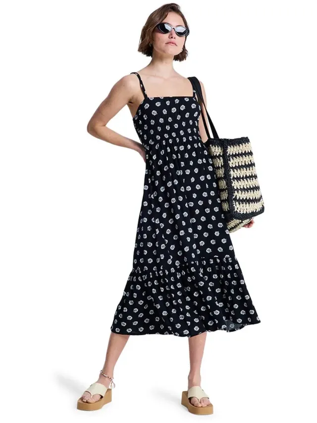 Roxy Sunrise Coastline Printed Lange Jurk Zonder Mouwen Blauw XS Vrouw Anthracite Hibiscus Dots