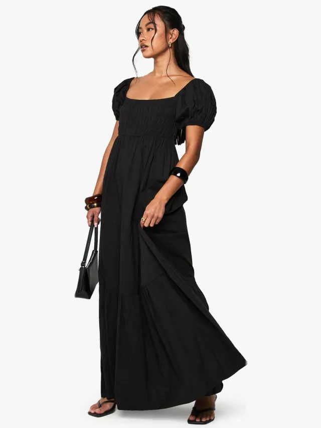 boohoo Dames Cotton Poplin Puff Sleeve Maxi Dress zwart, foto 2