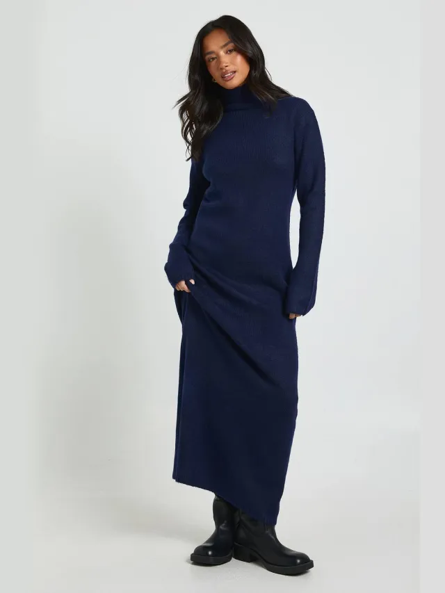 boohoo Dames Petite Super Soft Hoge Hals Gebreide Maxi Jurk Marineblauw