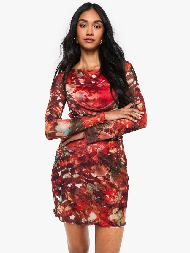 boohoo Dames Abstract Mesh Cowl Detail Mini-jurk Oranje
