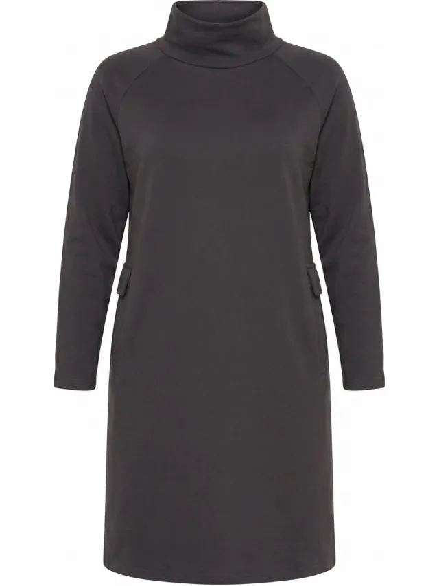 Ulla Popken Dames - Midi-sweatjurk zakken opstaande kraag lange mouwen - Zwartbruin - Maat 50+