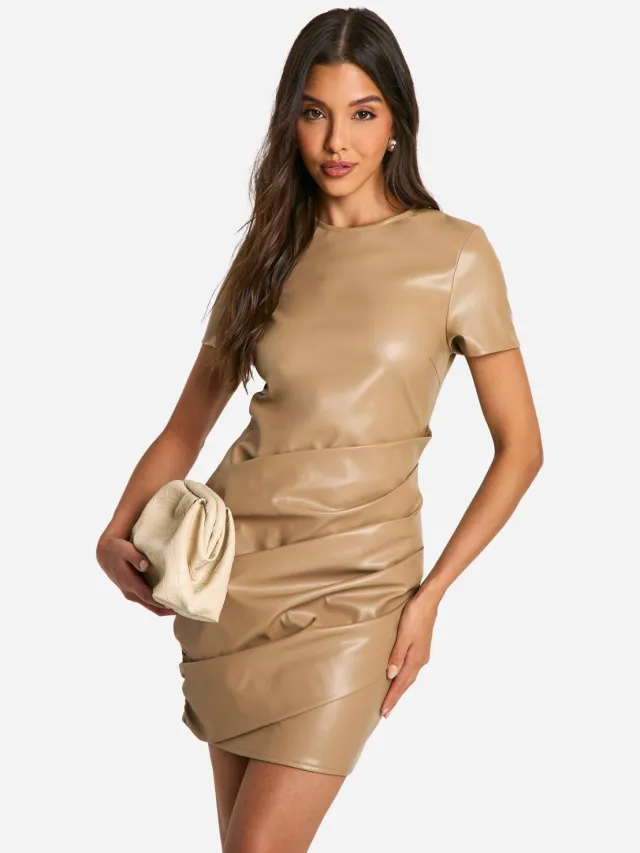 boohoo Dames Pu Wrap Gerimpelde T-shirt Mini Jurk Steen