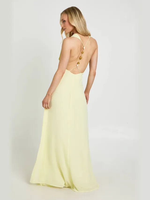 boohoo Dames Petite Chiffon Maxi Jurk Met Hoge Col Hals En Open Rug citroen, foto 2