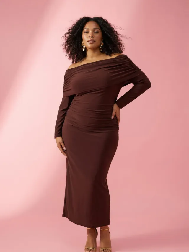 Trendyol Curve Dames Bruin Effen Maxi Lang Stijlvol/Avond A-lijn Grote maten Jurk