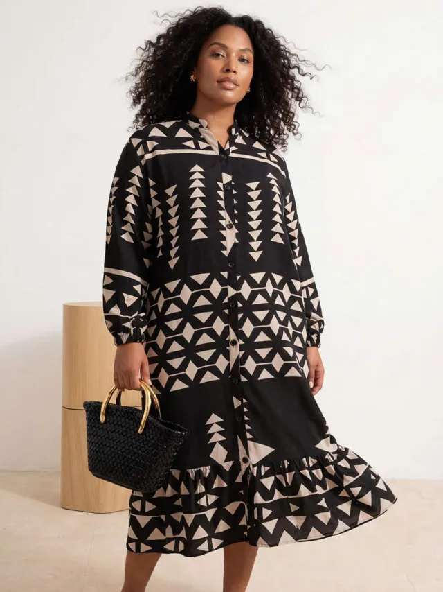 Trendyol Curve Dames Zwart Geometrisch patroon Maxi Lang Casual Blousejurk Grote maten Jurk