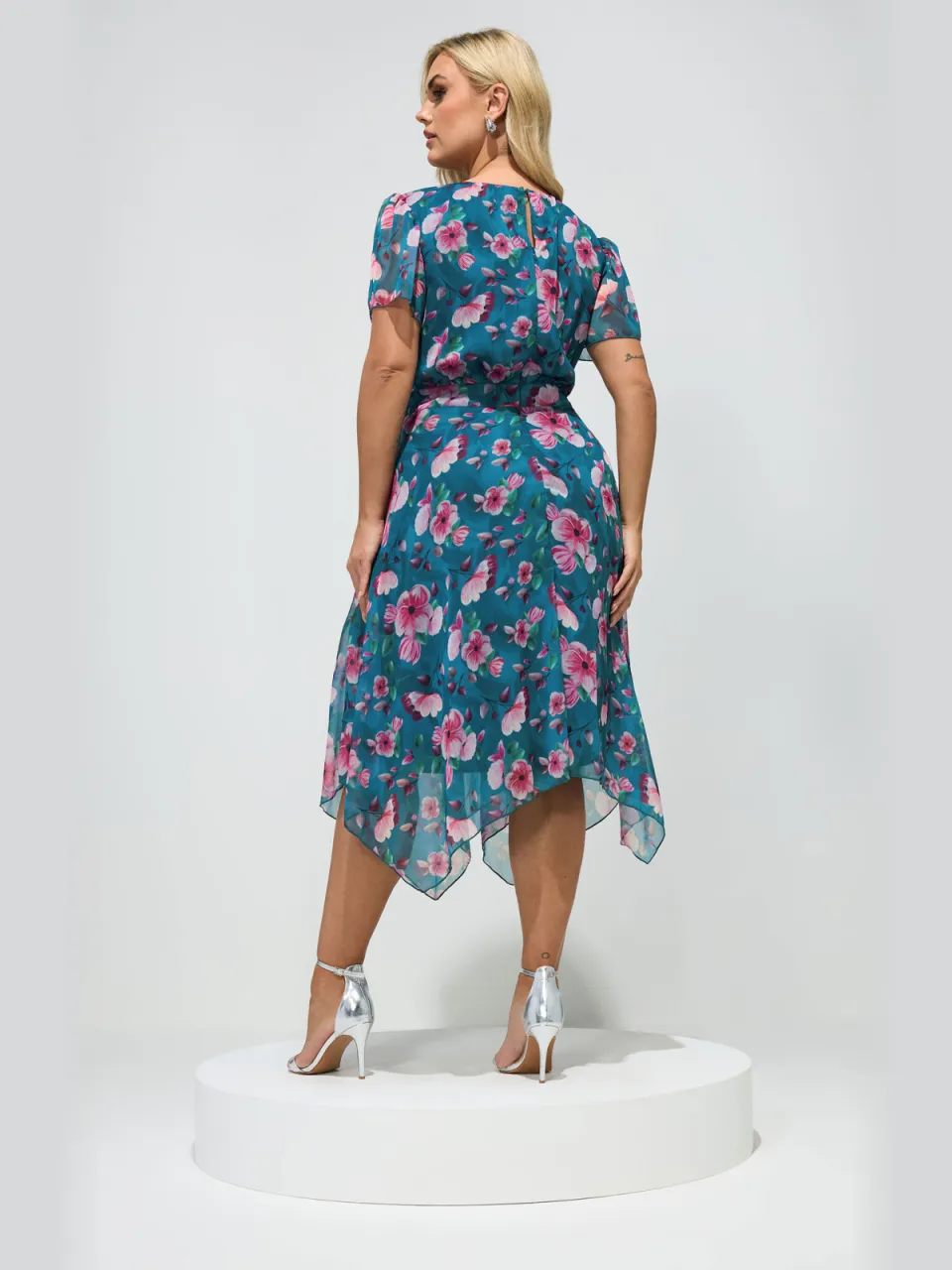 Yours London Tealblauwe Jurk Met Bloemenprint En Ruchezoom blauw, foto 2
