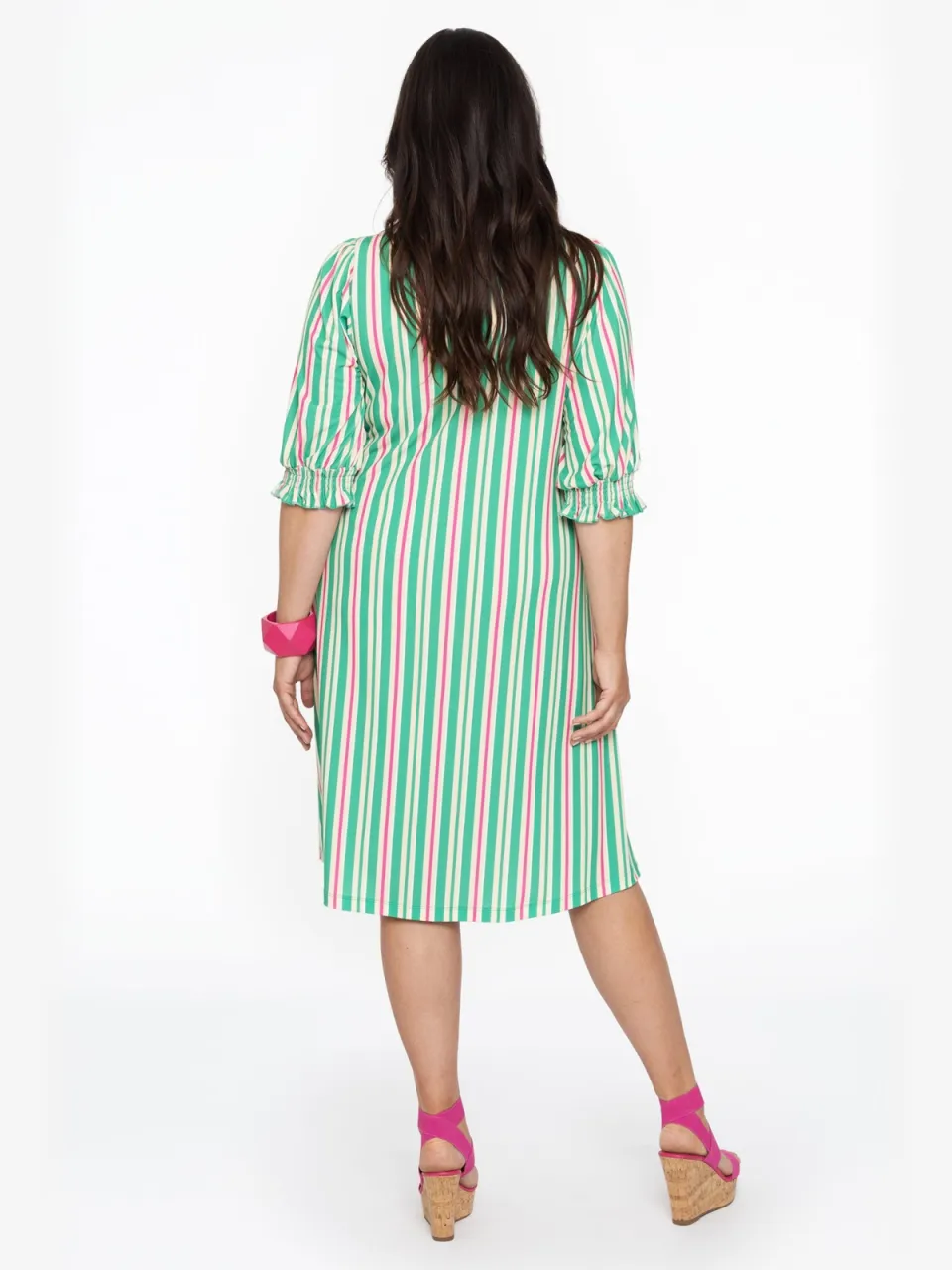 Yoek Jurk met pofmouwen STRIPY | Groen, foto 3