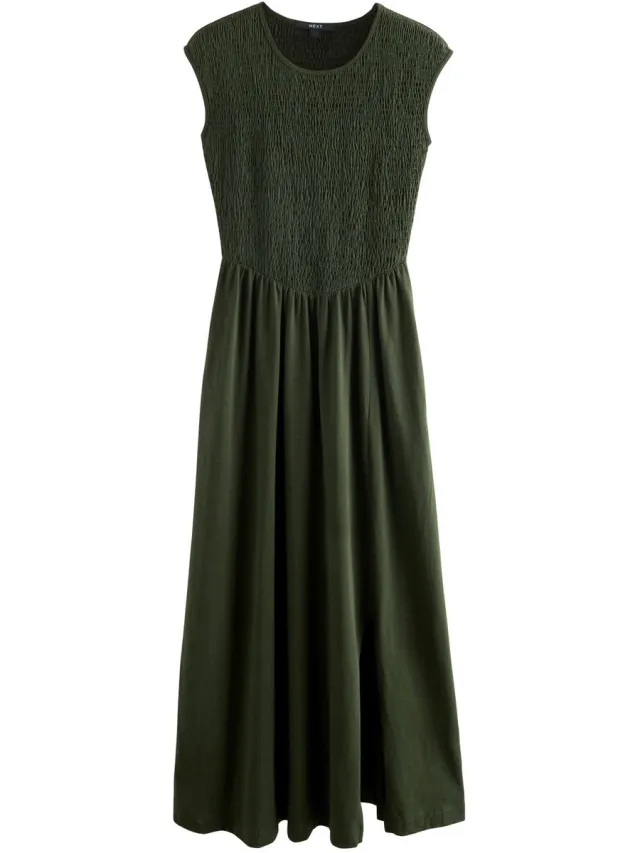 Next Dames - Midi-jurk met kapmouwtjes en gerimpelde jersey body, petite - Petite - Groen Khaki Green