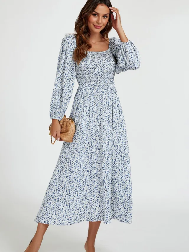 FS Collection Maxi-jurk met vierkante hals en bloemenprint in lichtblauw