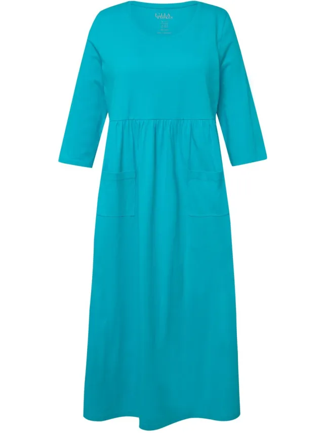Ulla Popken Dames - Jersey jurk A-lijn empirenaad ronde hals 3/4-mouw - Diepaqua - Maat 58+
