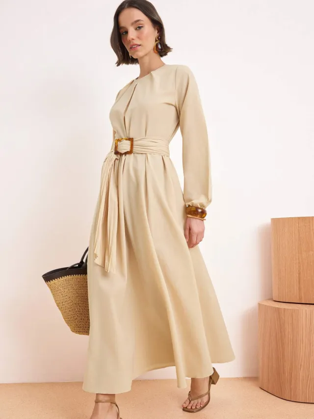 Turkishsouq Platte maxi-jurk voor dames, lange A-lijn model, geschikt voor hijab. Beige