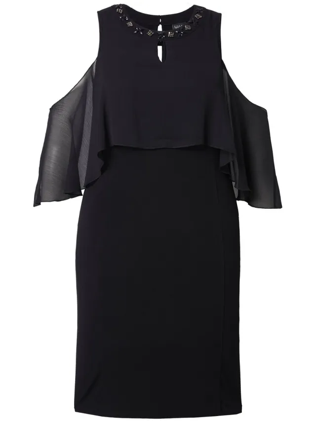 Ulla Popken Dames - Chiffonjurk Slim Fit versierde hals jersey onderjurk - Zwart