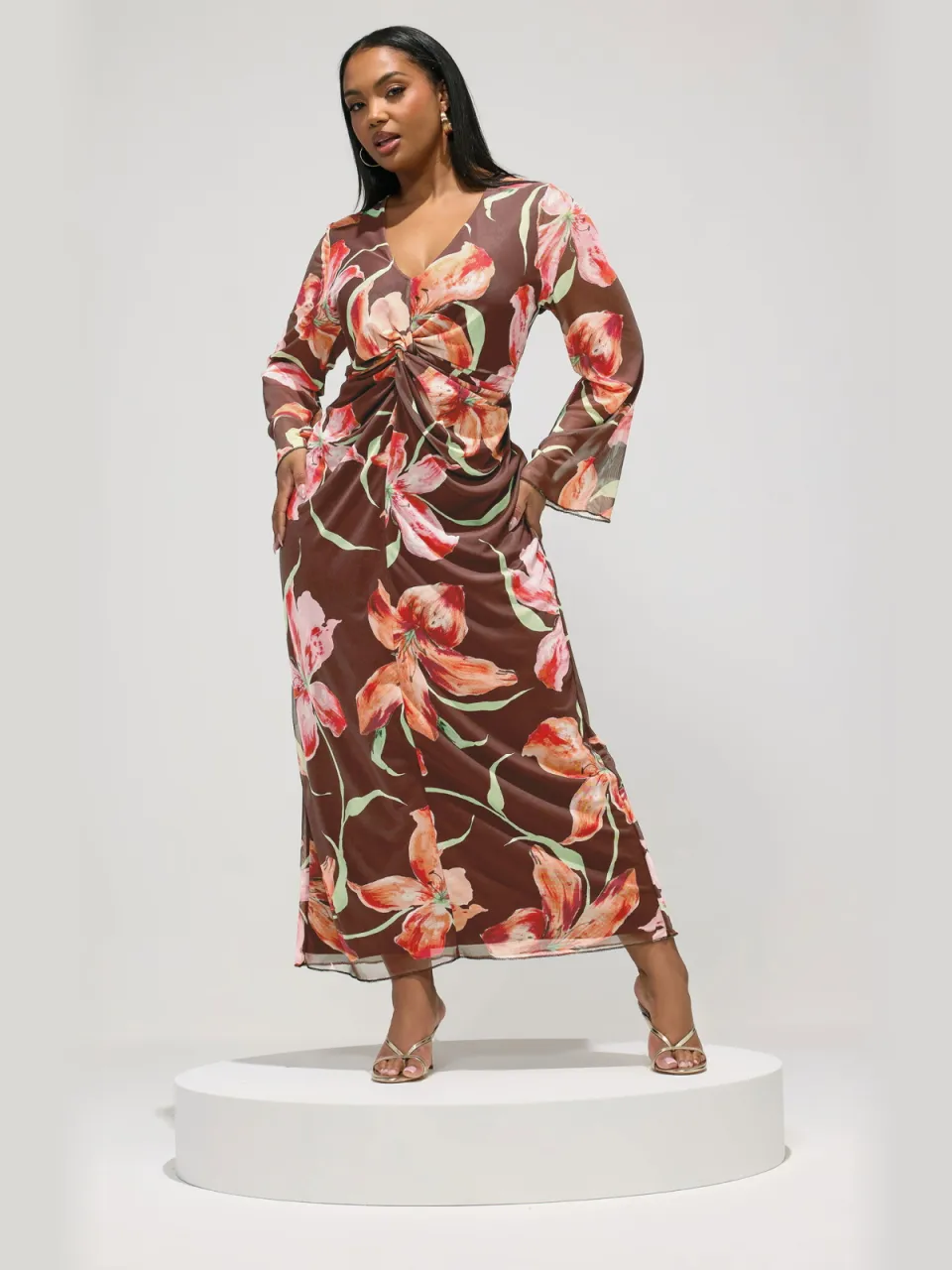 Yours London Bruine Mesh Maxijurk Met Bloemenprint, foto 2