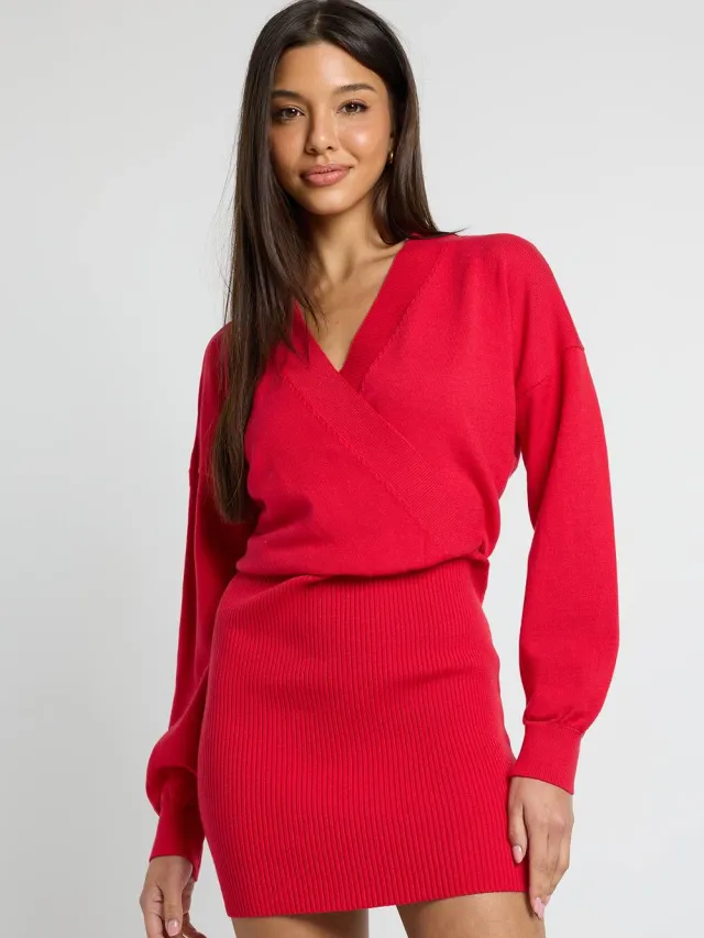 boohoo Dames Wikkel Mini Jurk Donkerrood