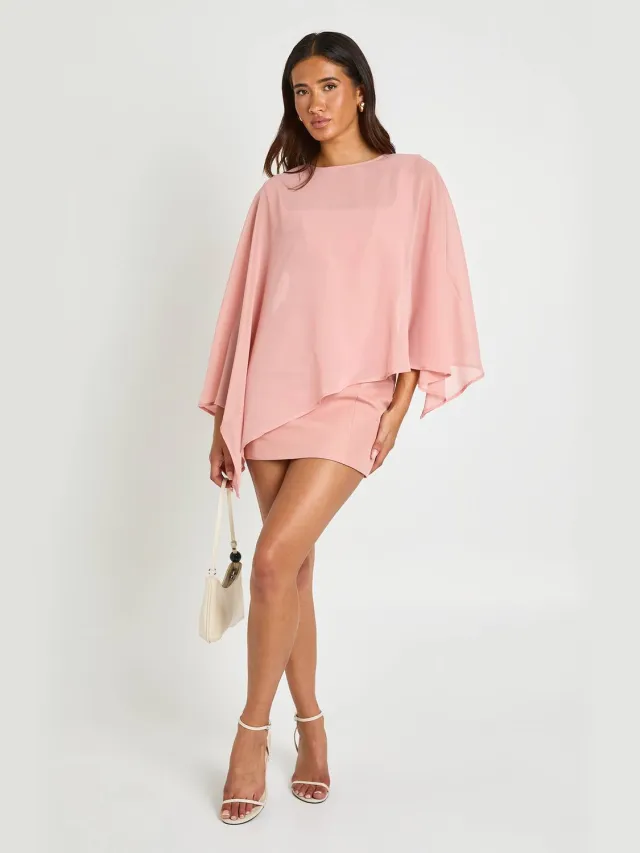 boohoo Dames Mini Jurk Met Corset Detail En Chiffon Cape Roos