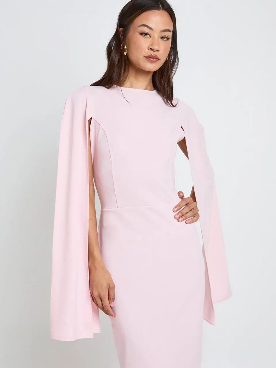 boohoo Dames Lange Midi Bodycon Jurk Met Cape Mouwen pastelroze, foto 3