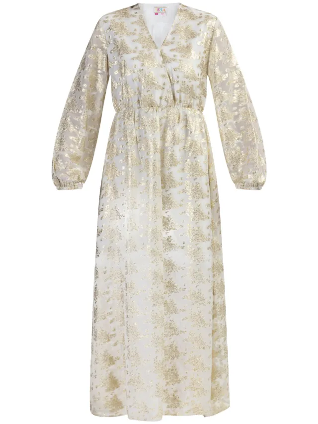 IZIA Maxi jurk met borduursel Dames Gebroken wit met gouden bloemen, foto 2