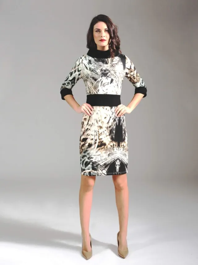 Conquista Punto di Roma Jurk met print en riem Zwart