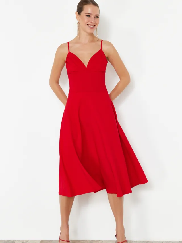 Trendyol TRENDYOLMİLLA Dames Rood Effen Maxi Mouwloos Cocktail Skater Jurken