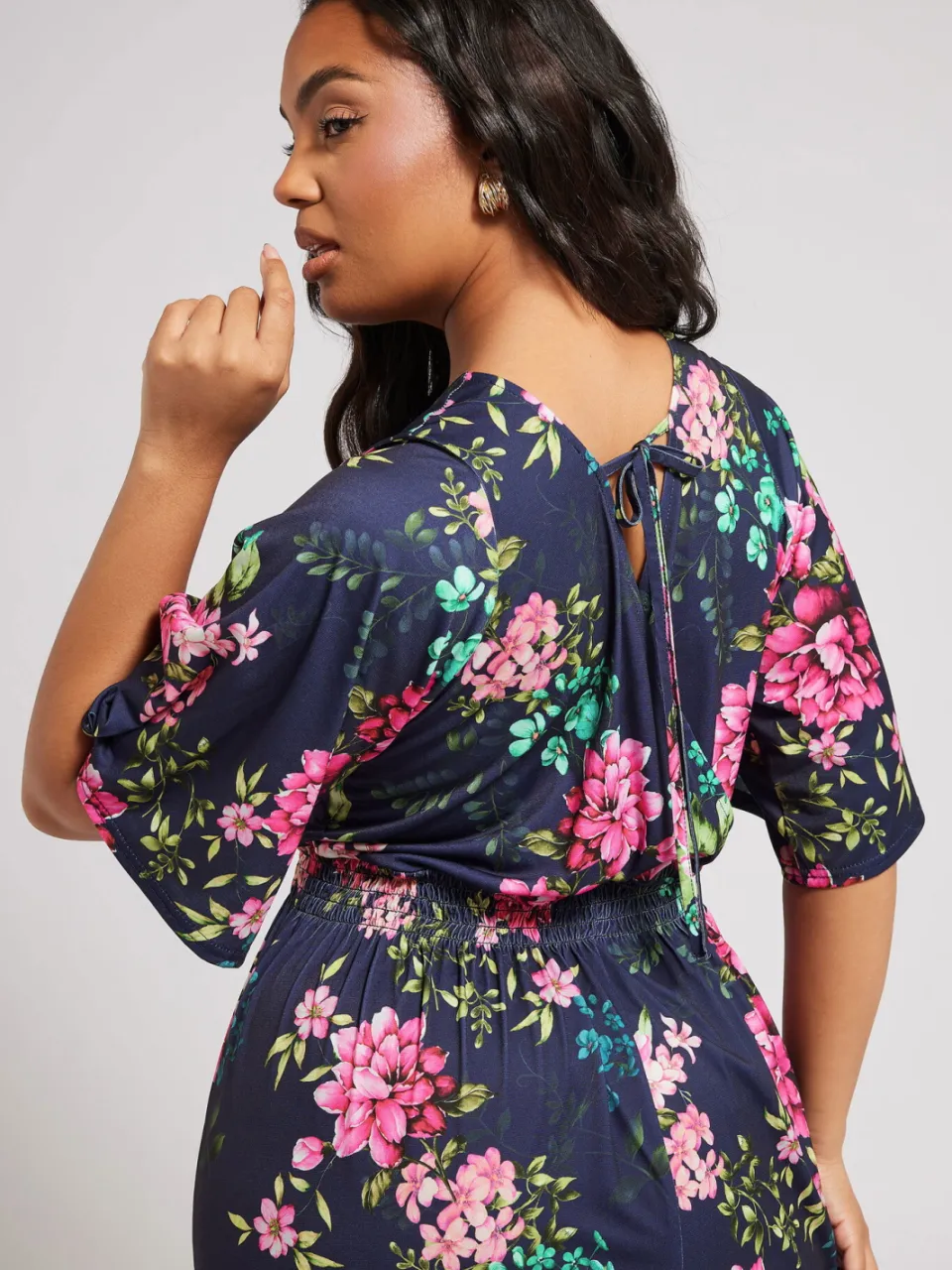 Yours London Maxijurk Met Bloemenmotief, Elastische Taille En Engelmouwen In Donkerblauw blauw, foto 4