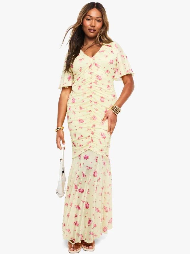 boohoo Dames Plus Floral Mesh Geraffineerde Angel Mouw Mini Jurk Citroen
