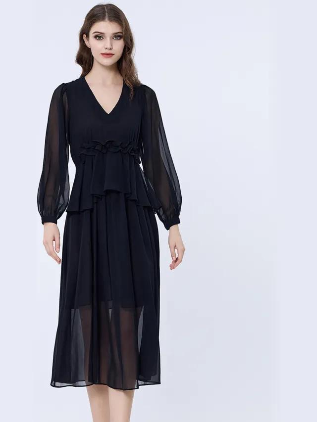 S&J Weekends Lange ruche chiffon jurk Zwart